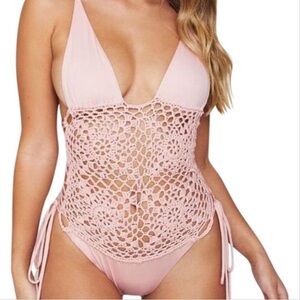 Frankie’s Bikinis Lilah Crochet One Piece Swimsuit Pink